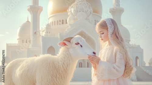 Golden Sunset Eid Celebration – Children and a White Ram in Festive Decor