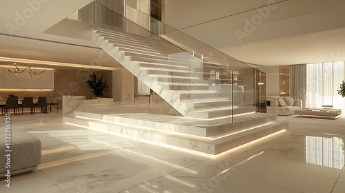 Stunning white marble U-shape floating stairs with LED stripe lighting and glass balustrades in a luxury beige living room