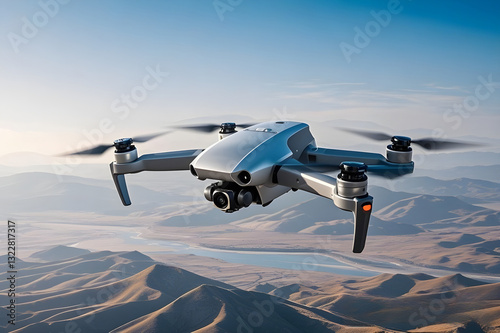 aerial drone photo flying with air and landscape background clean, modern and fresh scenery high resolution detailed 4k focus on drone ai generated