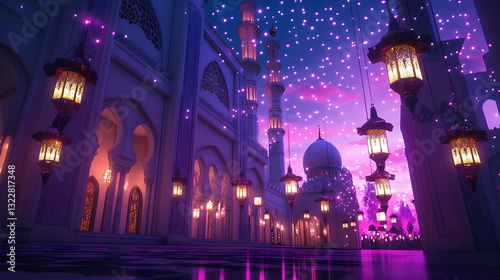Spiritual Devotion – Worshippers in a Stunningly Lit Mosque Interior