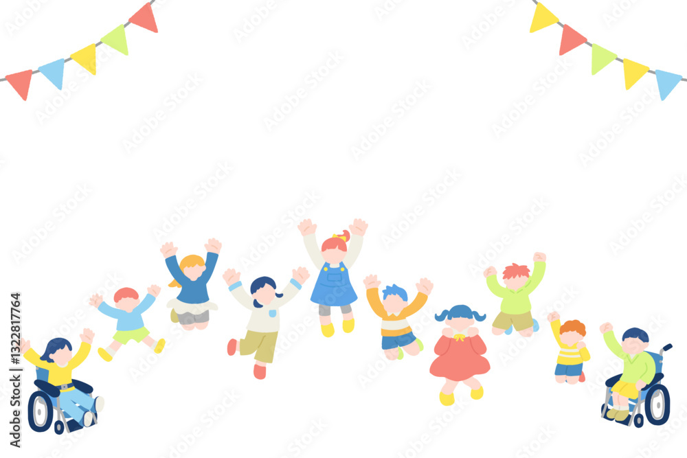 楽しそうにジャンプするこども達とガーランドのフラットなイラスト(セット)
