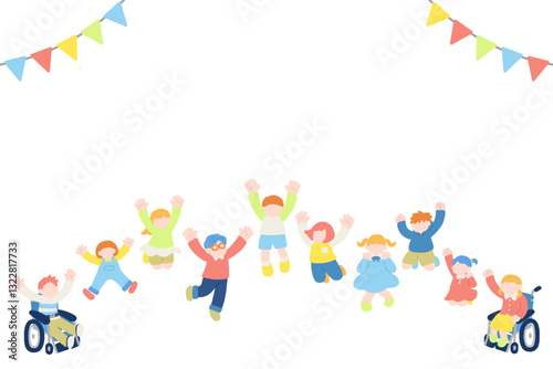 楽しそうにジャンプするこども達とガーランドのフラットなイラスト(セット)
