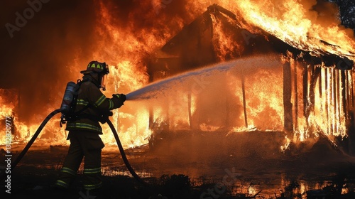 Firefighter Spraying Water on Blaze to Control Building Fire photo