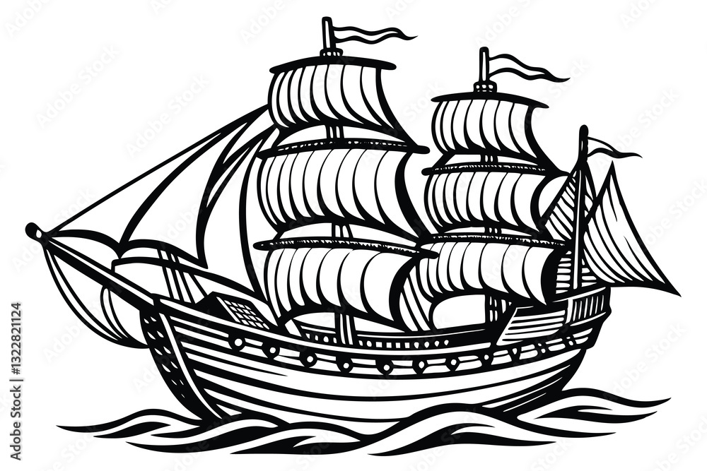 Naklejka premium Vintage old pirate ship sketch hand drawn in engraving style Vector illustration