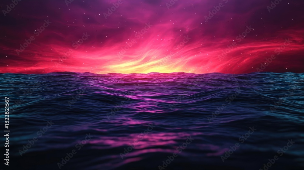 Obraz premium Dark sky idea. Vibrant sunset over calm ocean waves, showcasing vivid colors and dramatic skies.