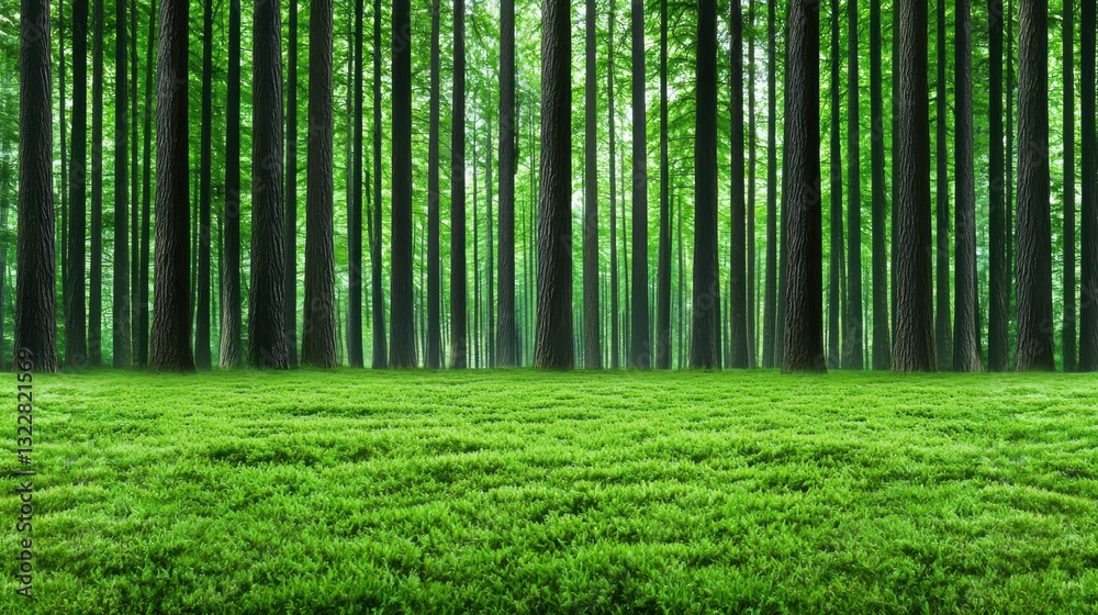 Fototapeta premium A serene forest landscape surrounded by lush green grass and majestic trees