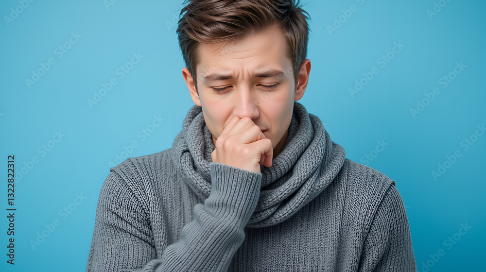 Young ill sick man wear gray sweater scarf cough sneeze cover mouth with hand isolated on plain blue background studio portrait. Healthy lifestyle disease virus treatment cold season recovery concept. Young ill sick man wear gray sweater scarf cough sneeze cover mouth with hand isolated on plain blue background studio portrait. Healthy lifestyle disease virus treatment cold season recovery concept.