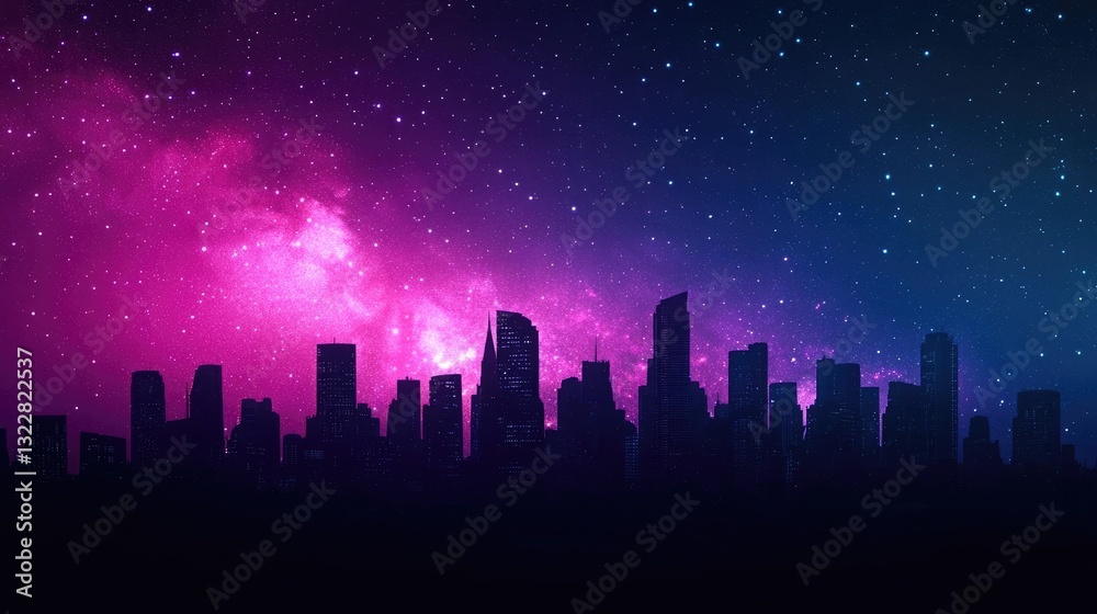 Fototapeta premium Dark sky idea. A vibrant city skyline silhouetted against a cosmic night sky filled with stars.