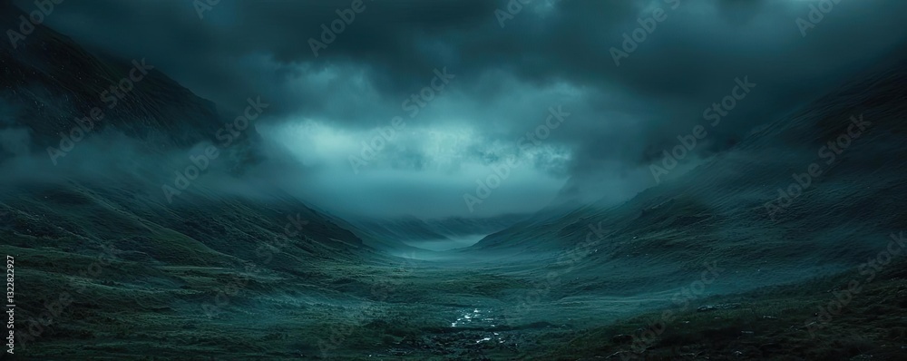 Fototapeta premium Dark sky concept. Mysterious valley landscape shrouded in mist and dramatic clouds, evoking tranquility.