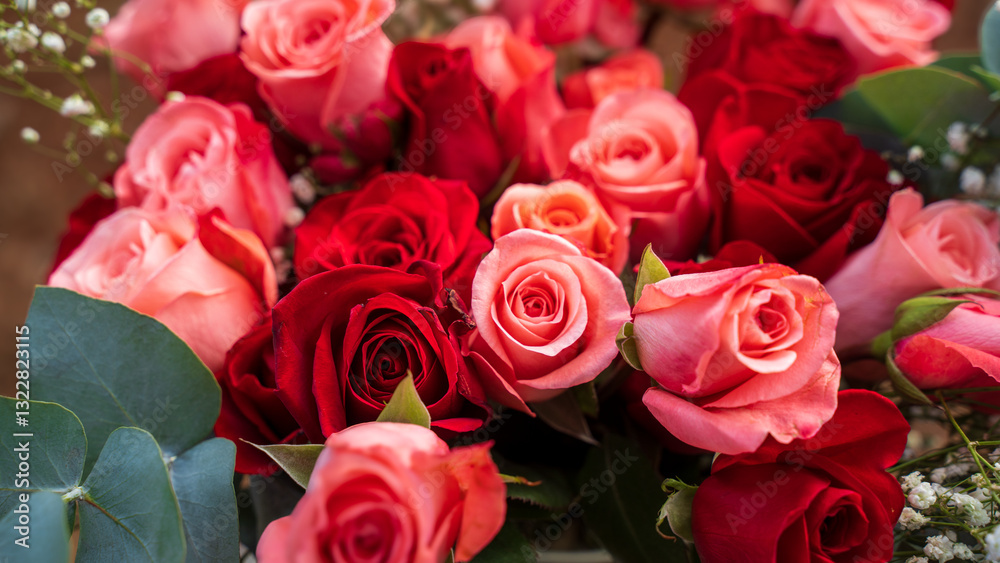 Background of pink rose bouquets for weddings or for lovers. Red or pink roses are in high demand on Valentine's Day or during weddings due to their romantic symbolism, meanings of love, purity Background of pink rose bouquets for weddings or for lovers. Red or pink roses are in high demand on Valentine's Day or during weddings due to their romantic symbolism, meanings of love, purity