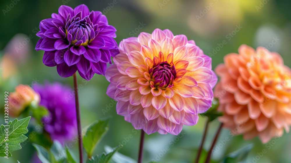 A close up of vibrant dahlia flowers, with petals in shades of purple, orange, violet, and peach, growing on tall stems against an out-of-focus garden backdrop, generative AI A close up of vibrant dahlia flowers, with petals in shades of purple, orange, violet, and peach, growing on tall stems against an out-of-focus garden backdrop, generative AI