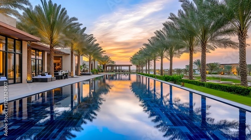 Luxury Resort Pool Sunset, Palm Trees - Luxury travel/tourism