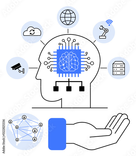 Human head with neural chip, connected to cloud, robotics, IoT, data storage, surveillance, decentralized networks. Ideal for AI, innovation connectivity automation cybersecurity decision-making