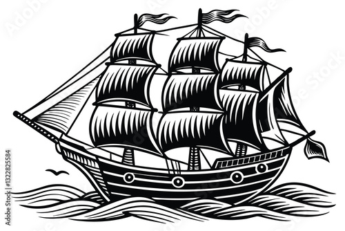 Vintage sailboat. Clipper ship black and white sketch. Pirate ship sailboats in sea waves, sailing ship in retro hand drawn engraving style
