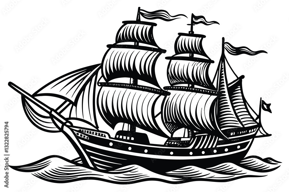 Naklejka premium Vintage sailboat. Clipper ship black and white sketch. Pirate ship sailboats in sea waves, sailing ship in retro hand drawn engraving style