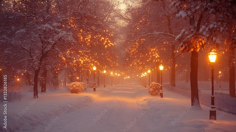 A snow covered path with glowing lights in the winter A snow covered path with glowing lights in the winter