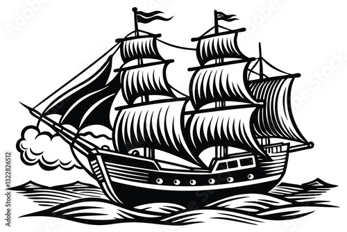 Vintage sailboat. Clipper ship black and white sketch. Pirate ship sailboats in sea waves, sailing ship in retro hand drawn engraving style