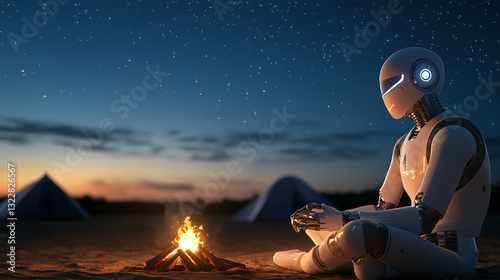 a reflective robot sits by a crackling campfire under a starry sky, with tents in the background. a peaceful and contemplative scene.