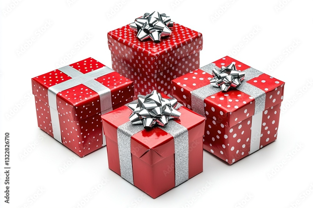 Obraz premium Four red gift boxes with silver ribbons on white background.