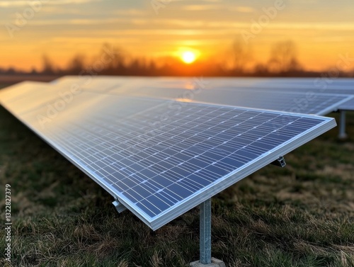 Solar panels illuminated by a sunset glow.