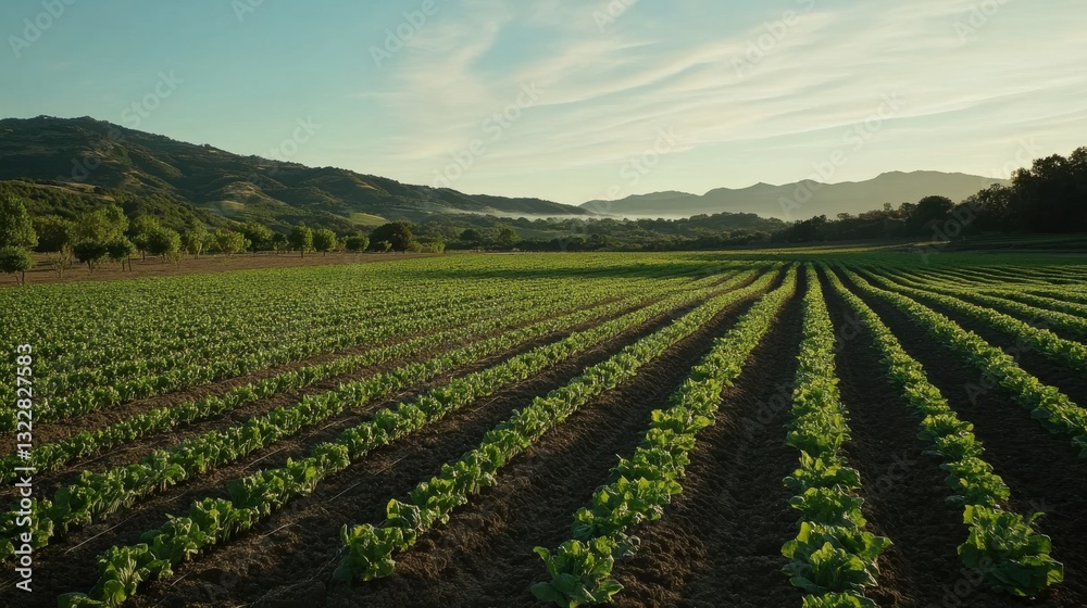 Lush Lettuce Field Under a Clear Sky with Rolling Hills Background Lush Lettuce Field Under a Clear Sky with Rolling Hills Background