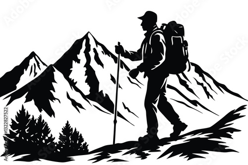 Mountain Hiking Man Silhouette Vector