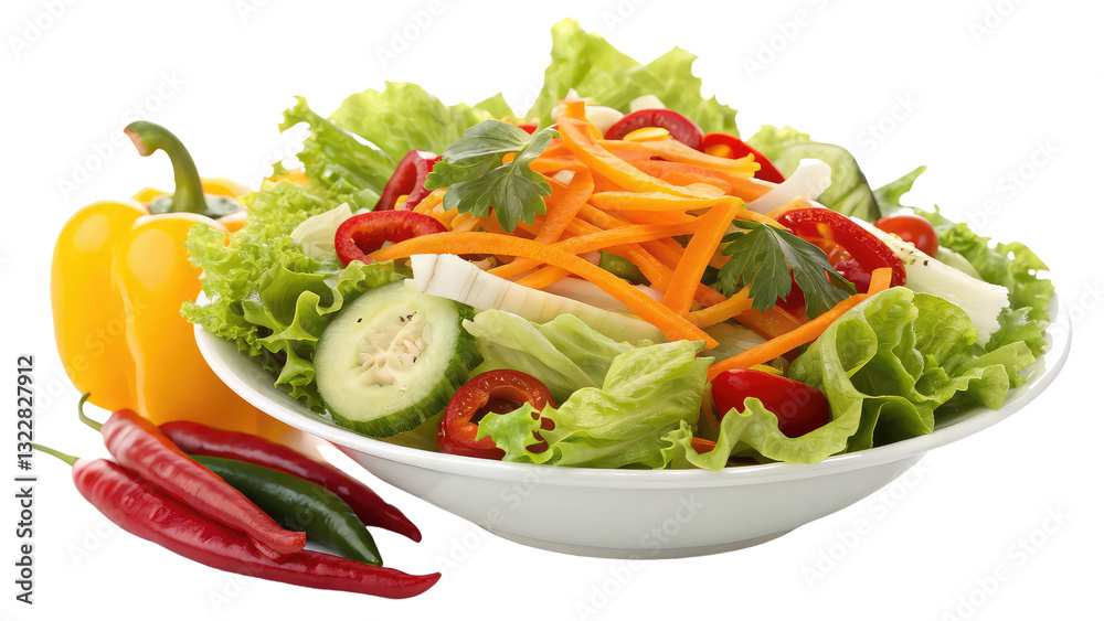 Fresh and healthy salad with vegetables including lettuce tomatoes cucumbers and bell peppers beautifully arranged in a bowl with vibrant colors and textures on transparent background PNG salad-with-v Fresh and healthy salad with vegetables including lettuce tomatoes cucumbers and bell peppers beautifully arranged in a bowl with vibrant colors and textures on transparent background PNG salad-with-v