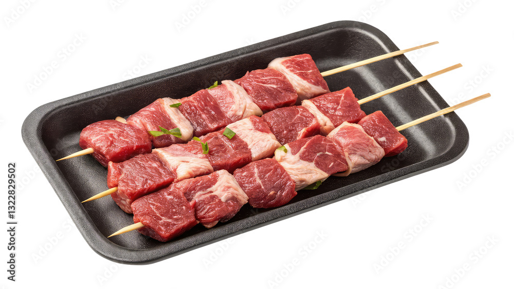 Fresh raw lamb shish kebab skewers arranged in a mockup tray on transparent background PNG
Fresh raw lamb shish kebab skewers arranged in a mockup tray on transparent background PNG