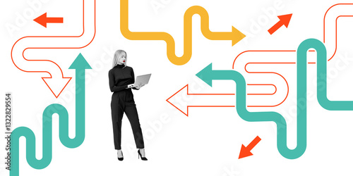 Woman inoutfit holding a laptop with colorful arrows in different directions on a white background. Concept of decision-making, strategy, and choices