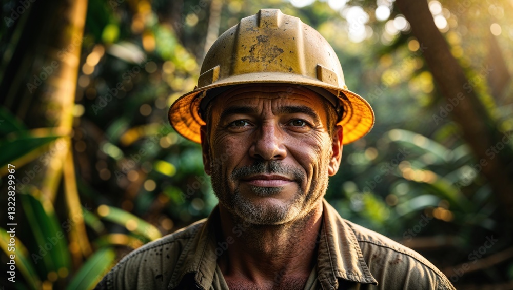 A rugged worker in a hard hat stands amidst a lush forest, showcasing determination and resilience. A rugged worker in a hard hat stands amidst a lush forest, showcasing determination and resilience.
