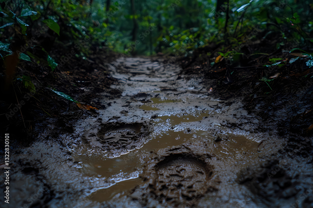 Fototapeta premium Footprints left in the mud after a rainfall trace a subtle journey, evoking transient moments in nature’s wet embrace.