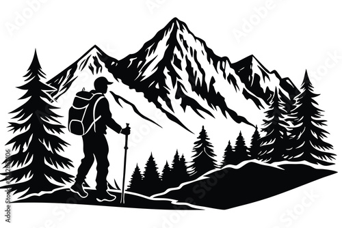 Mountain Hiking Man Silhouette Vector