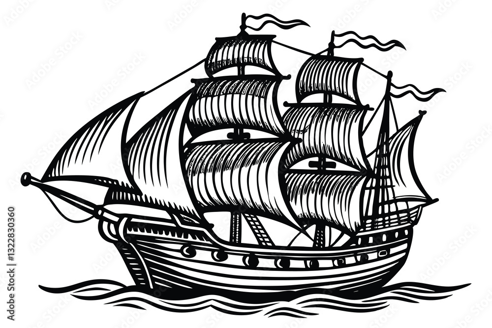 Naklejka premium Vintage old pirate ship sketch hand drawn in engraving style