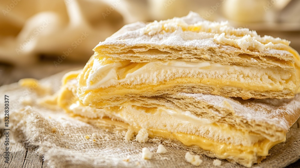 Creamy custard pastry, sliced, rustic kitchen, background blur, dessert Creamy custard pastry, sliced, rustic kitchen, background blur, dessert