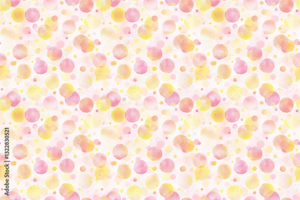水彩画、ピンクと黄色の水玉模様のシームレスパターン背景 水彩画、ピンクと黄色の水玉模様のシームレスパターン背景