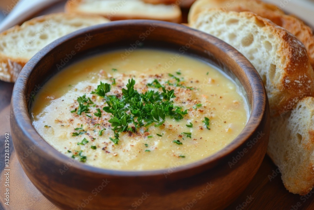 Creamy Soup with Herbs and Fresh Bread on Wooden Table Creamy Soup with Herbs and Fresh Bread on Wooden Table
