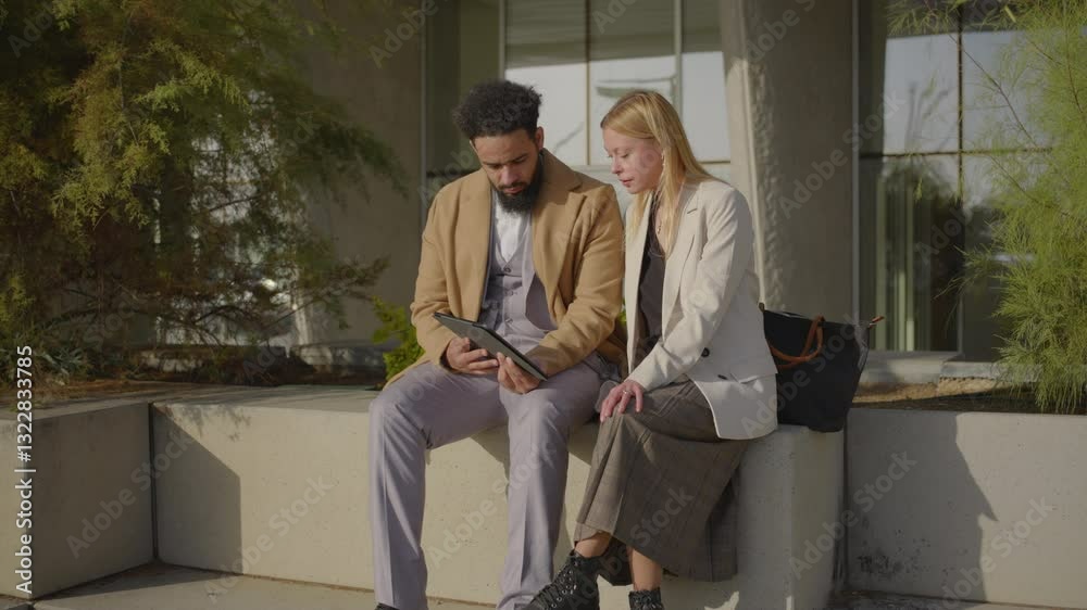 In a vibrant outdoor setting, a man and a woman sit closely together, focused on their laptop while enjoying a sunny day, showcasing a dynamic spirit of collaboration in their work In a vibrant outdoor setting, a man and a woman sit closely together, focused on their laptop while enjoying a sunny day, showcasing a dynamic spirit of collaboration in their work