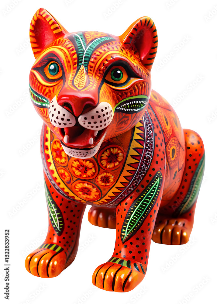Fototapeta premium A vibrant Mexican Alebrijes wooden jagua: A stunning handcrafted jaguar sculpture with a kaleidoscope of vibrant colors and intricate patterns, capturing the essence of artistry and cultural heritage