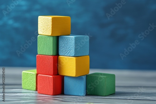 Kids toys. Child building tower of toy blocks