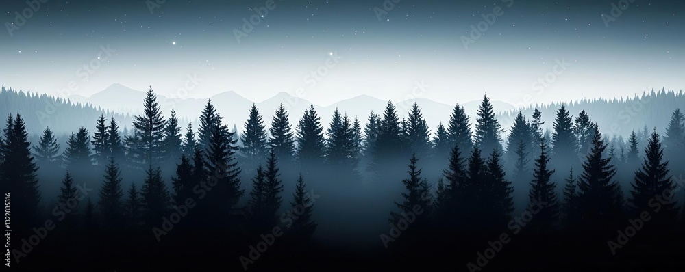 Obraz premium Dark sky idea. Serene forest silhouette illuminated by a soft twilight glow and misty atmosphere.