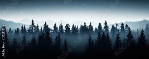 Dark sky idea. Serene forest silhouette illuminated by a soft twilight glow and misty atmosphere.