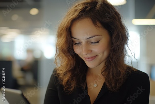 Wallpaper Mural Beautiful woman in the office, happy and smiling latin american business woman uses internet phone close up, female worker reads message and browses internet pages inside office Torontodigital.ca
