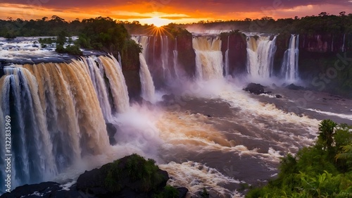 Sunset Harmony: Iguazú Falls Aglow with Golden Tones