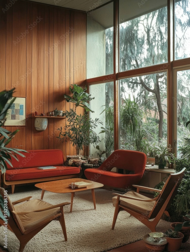 Fototapeta premium Mid-century modern living room with red sofa, wooden walls, and large windows.
