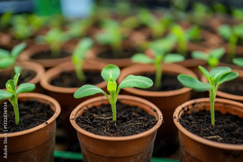 Seedlings Emerging From Small Pots in a Greenhouse Setting, Indicating Prospects for a Fruitful Harvest in the Near Future Seedlings Emerging From Small Pots in a Greenhouse Setting, Indicating Prospects for a Fruitful Harvest in the Near Future