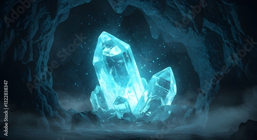 Cristal de aguamarina místico que brilla en un reino de fantasía