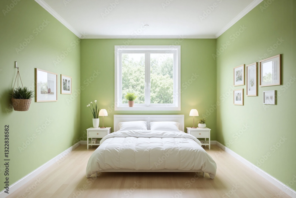 Fototapeta premium bedroom with bed nightstands and pictures on the wall