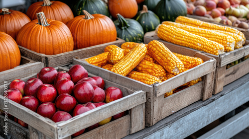 Fresh pumpkins, corn, and apples displayed in wooden crates at market
