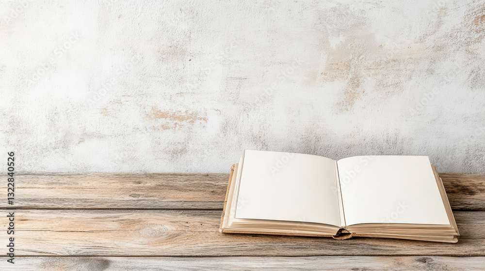 Fototapeta premium open blank book resting on wooden table against textured wall