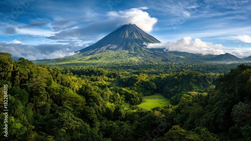 A breathtaking view of a dormant volcano with a lush green valley surrounding its crater, covered in dense vegetation